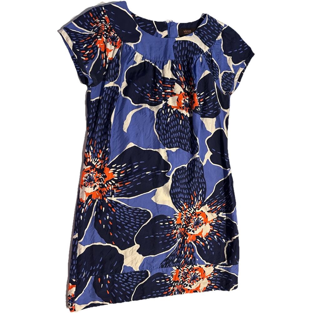 Victor Alfaro Dress Women Sz 8P 100% Silk Floral Short Sleeve Shift Summer Party